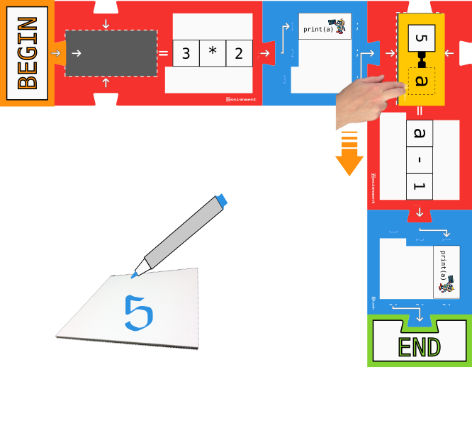 Decrementing the the value of a variable and printing it using a block programming board game